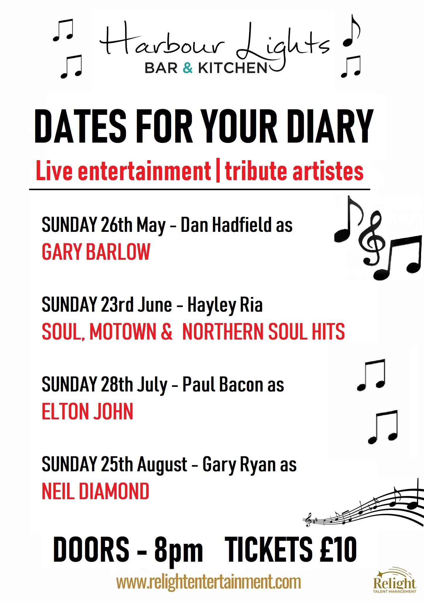 Tribute Acts Poster MayAug 19 Harbour Lights